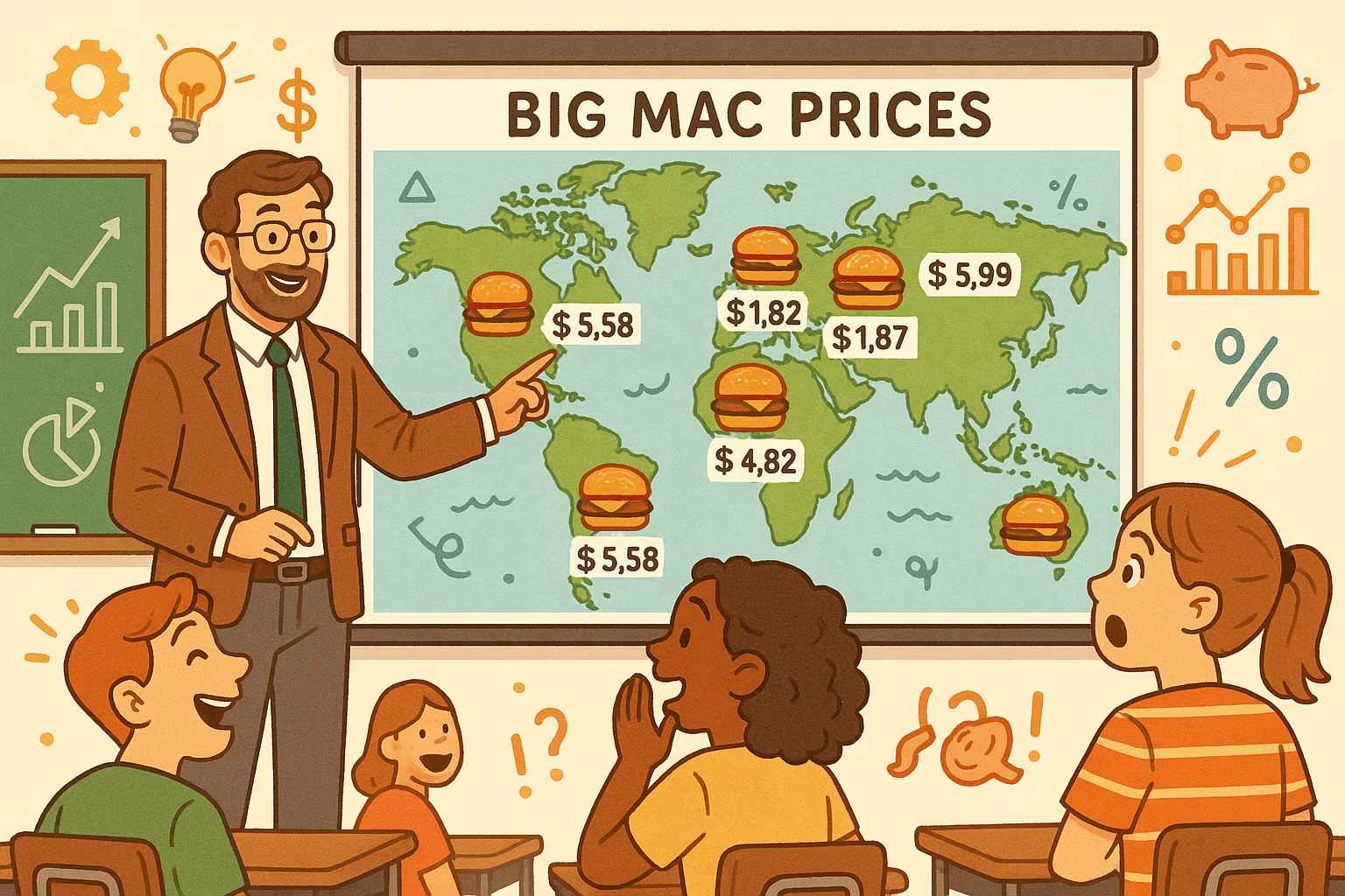 Illustration of a teacher explaining currency values using Big Mac prices on a map