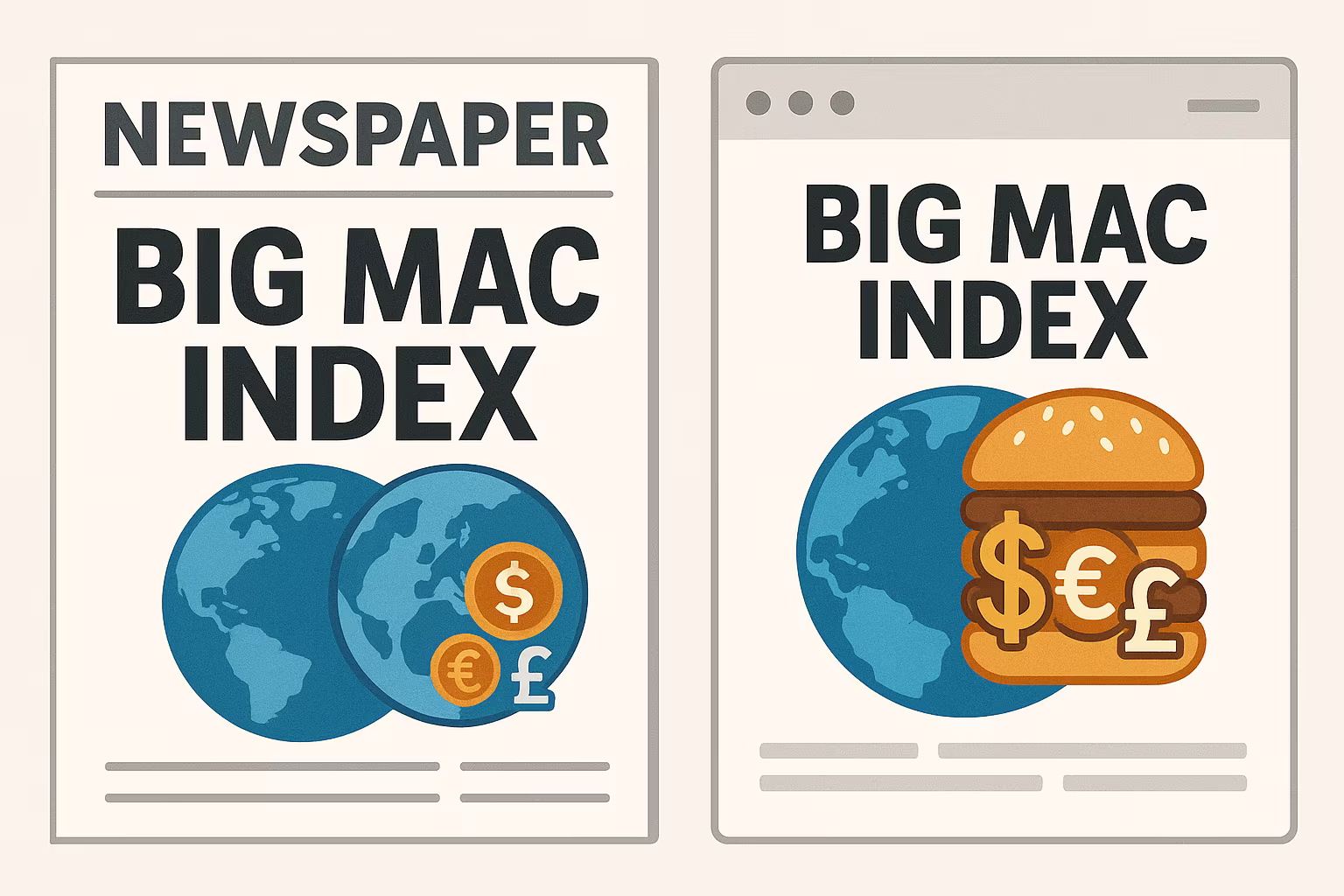 Newspaper and website front pages featuring Big Mac Index headlines