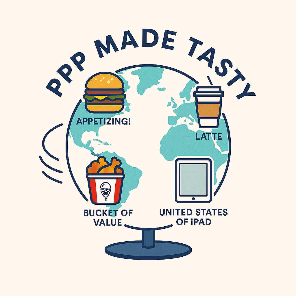 A rotating globe with icons of a Big Mac, latte, KFC bucket, and iPad